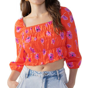 Sanctuary NWT Woven Satin 3/4 Puffed Sleeve Smocked Floral Print Red Crop Top S
